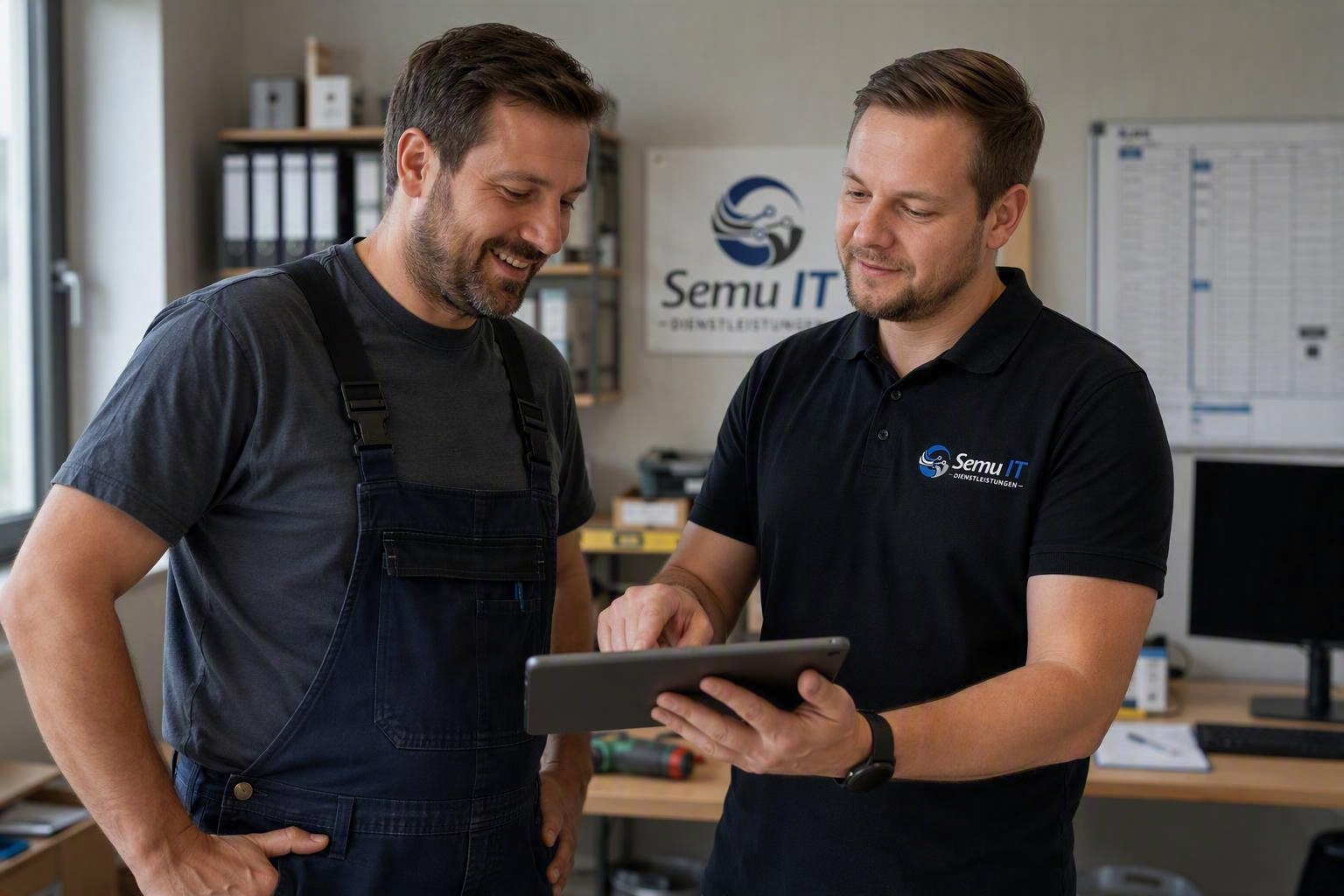 Basti im Gespr&auml;ch mit einem Handwerker, beide schauen auf ein Tablet