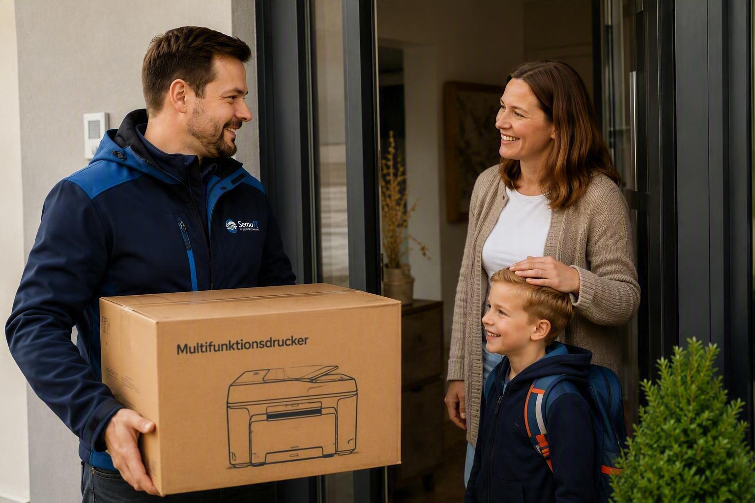 Basti &uuml;bergibt einer Familie an der Haust&uuml;r einen neu eingerichteten Multifunktionsdrucker