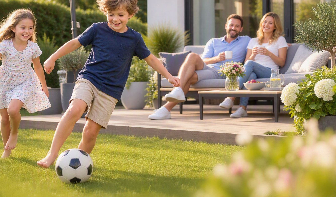 Familie entspannt im eigenen Garten, Kinder spielen Fu&szlig;ball