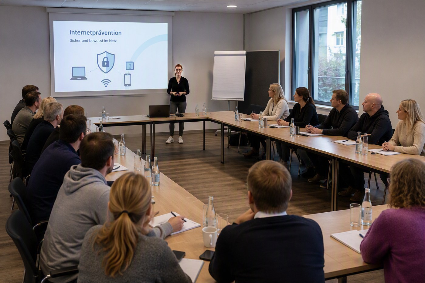 Schulungsteilnehmer verfolgen einen Vortrag zum Thema Internetpr&auml;vention